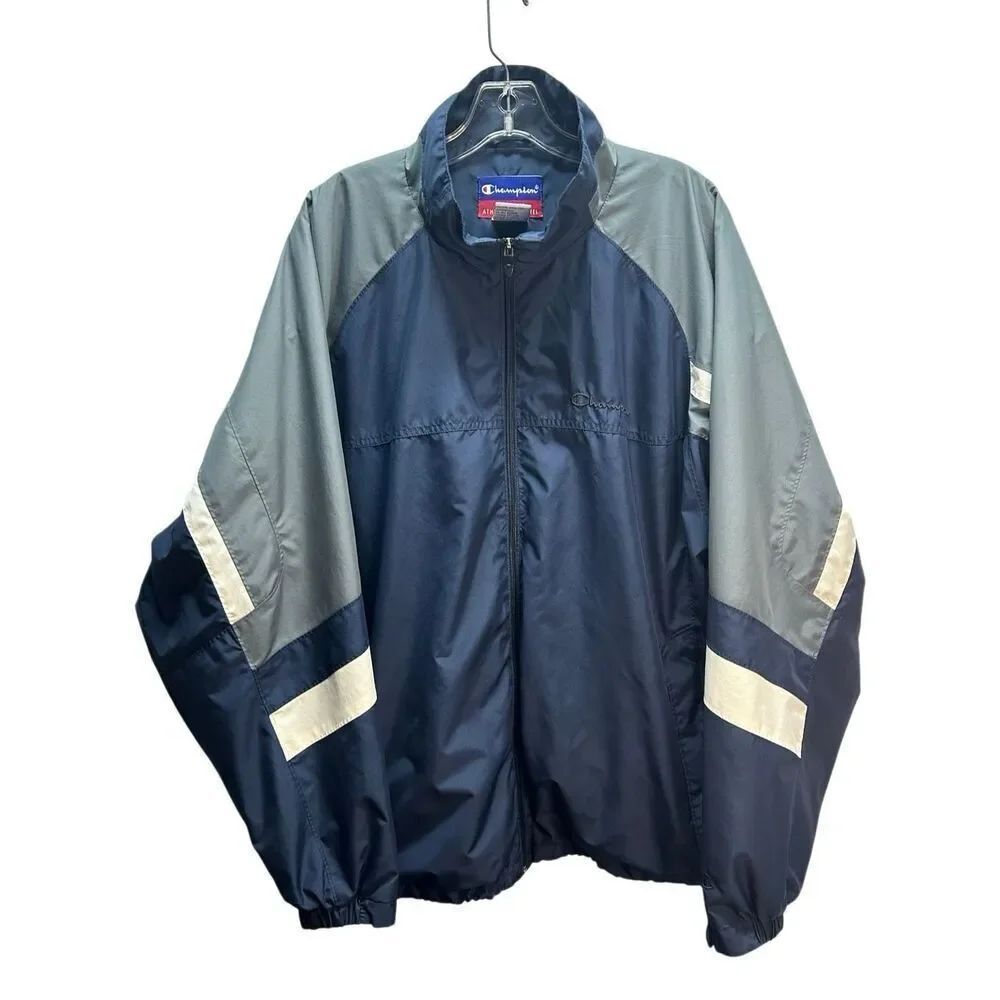 Vintage Champion Windbreaker Men's XL Navy Blue Grey White Stripe Full Zip Y2K A